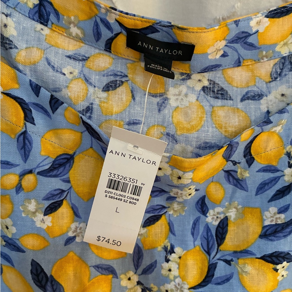 Talbots NWT Lemon Print Cap Sleeve Top - Bright Yellow & Blue L